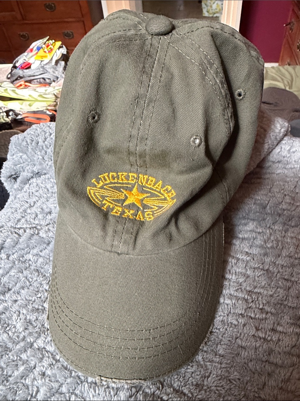 Lukenbach Texas Olive Green Baseball Cap with Yellow Embroidery small